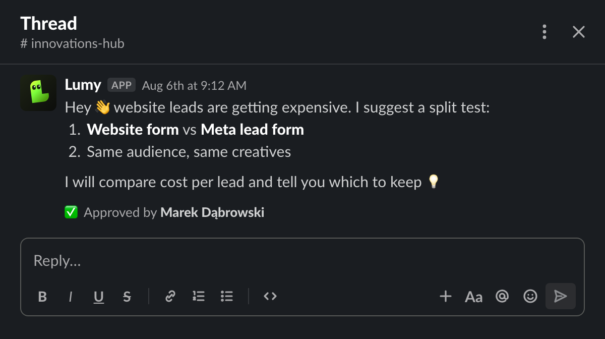 Slack thread: Lumy proposes a split test of the website form against a Meta lead form; the proposal is approved.