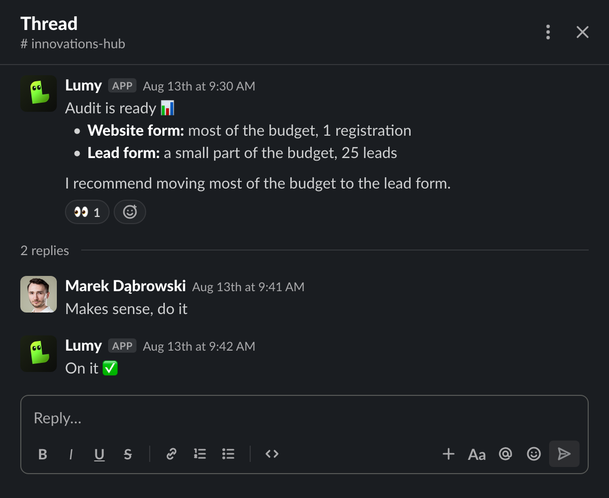 Slack thread: Lumy's audit shows the lead form wins; the team says to do it; Lumy confirms.