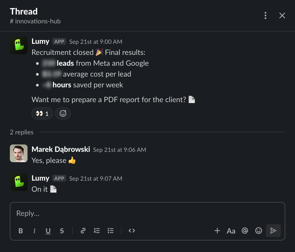 Slack thread: Lumy posts the final results with the numbers blurred and offers a PDF report for the client.